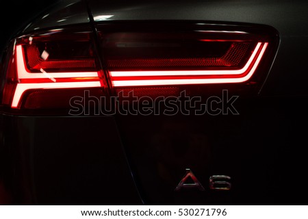 WARSAW, POLAND - NOVEMBER 21, 2016: Audi A6 light close up. The brand is used for luxury automobiles, buses, coaches and trucks.