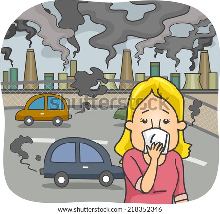 Illustration Featuring a Woman in a Polluted City Covering Her Nose
