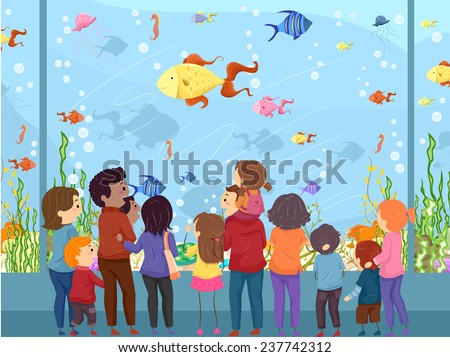 Illustration of a Family Watching Sea Animals in a Giant Aquarium