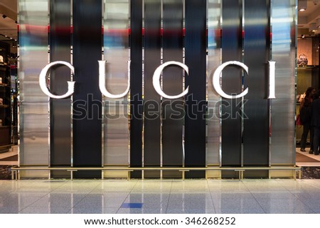 DUBAI, UAE - NOVEMBER 11, 2015: Gucci store inside Duty free area at the airport. Dubai International Airport is an international airport serving Dubai. It is a major airline hub in the Middle East.