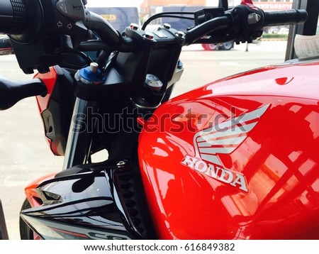 Phitsanulok province, Thailand - April 7, 2017: Close up logo Honda super bike motorcycle model Rebel500 at showroom Honda Big wing Phitsanulok.