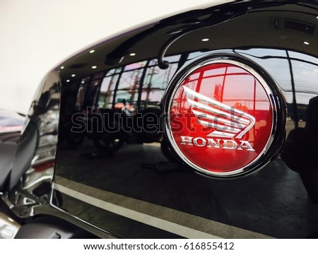 Phitsanulok province, Thailand - April 7, 2017: Close up logo Honda super bike motorcycle at showroom Honda Big wing Phitsanulok.