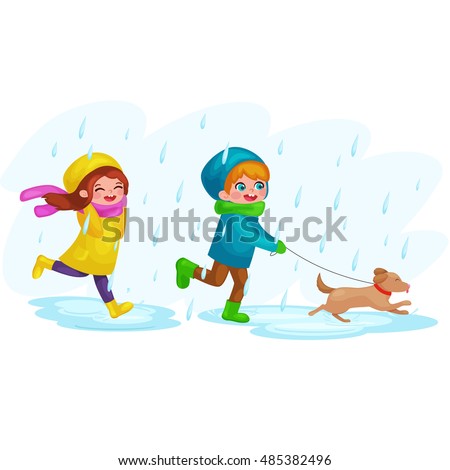 Kids in raincoats and rubber boots playing in the rain. Children jumping and splashing through the puddles. vector cartoon illustration isolated on white background.