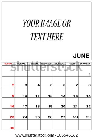 basic planner calendar for the month of june in 2013 with area to add a photo