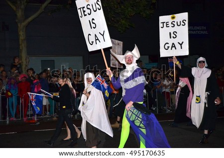 Sydney, Australia - March 2, 2013. Jesus is Gay. Mardi Gras is an annual event for gay/lesbian acceptance. LGBT pride parade and festival. 
