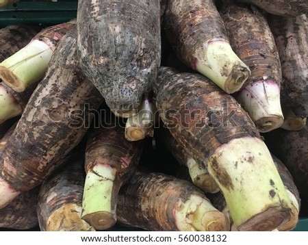 Head fractures Taro in various sizes, large and small scattered on the shelves for sale to people to cook. Health benefits Grown in soil without chemicals Suitable applications