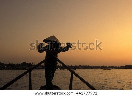 a smal wood Boat on the Mekong River near the city of Can Tho in the Mekong Delta in Vietnam