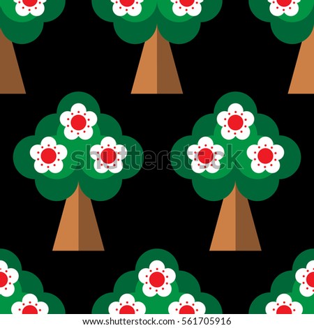 Seamless pattern with Spring blooming orchard in flat style. Flowering trees isolated on the black background. Vector.