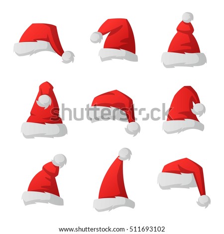 Just red christmas santa hat at white background vector isolated. Xmass holidays mascarade costume isolated hat collection set