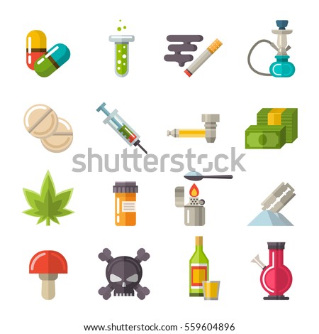 Drugs icons set vector. Different narcotic drug dependence: medical syringe, marijuana, tablets, skull