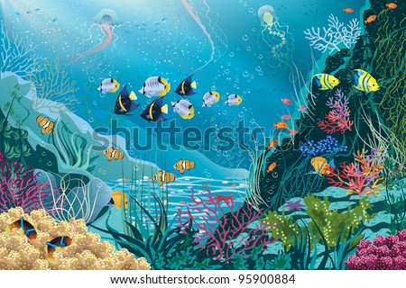 Underwater landscape with various water plants and swimming tropical fishes. All objects are grouped.