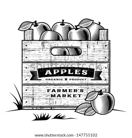Retro Crate Of Apples Black And White Editable Vector Illustration With Clipping Mask Retro Crate Of Apples Black And White Editable Vector Illustration With Clipping Mask