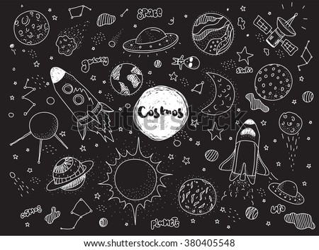 draw to cartoon how ufo Vector Cosmic Vector Objects Hand Set Stock Drawn