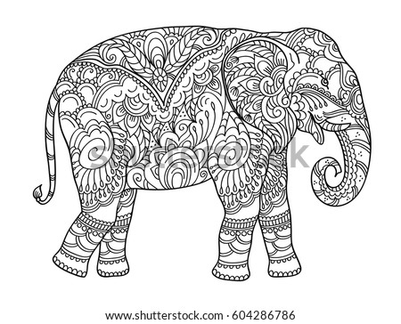Drawing zentangle elephant, for coloring book for adult or other decorations. Black and white version illustration