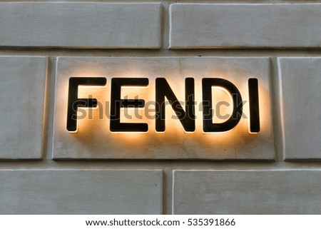 ROME, ITALY - DECEMBER 10, 2016: A Fendi logo on a wall. Fendi is a famous Italian luxury fashion house