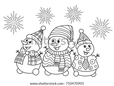 Outlined Doodle Anti Stress Christmas Coloring Funny Snowmans Book Page For Adults And