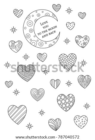 Vector Valentines Day Doodle Coloring Book Page Hearts And Moon With Text Love