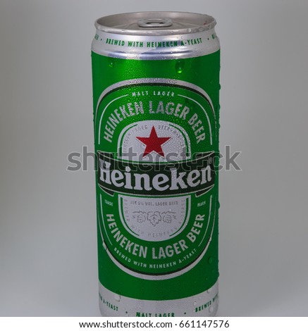 Bangkok, Thailand, June 17 2017: Heineken Lager Beer (Dutch: Heineken) or simply Heineken is a pale beer with 5% alcohol by volume produced by the brewing company Heineken.(Close Up)