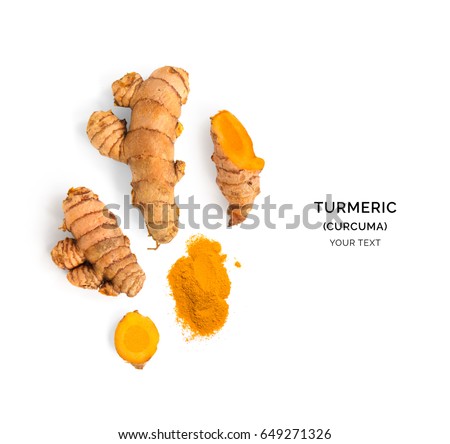Creative layout made of turmeric (curcuma). Flat lay. Food concept.