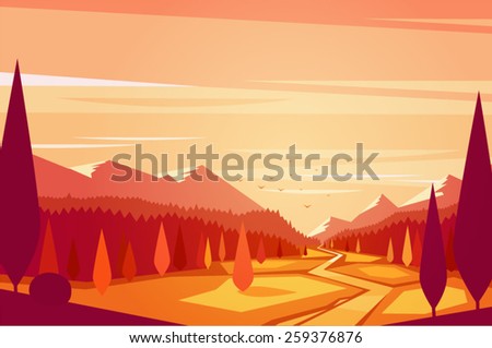 Sunset landscape. Vector illustration.