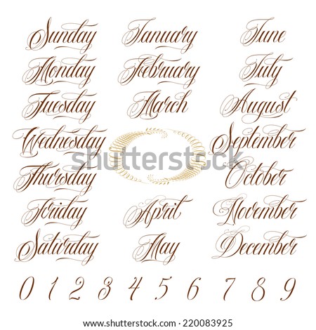 Calligraphy Days Week Months Year Numbers Stock Vector ...
