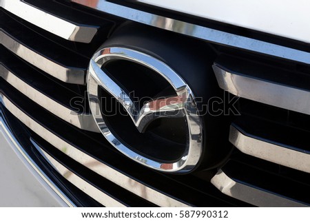 Rome, Italy - February 18, 2017: Mazda emblem. Mazda Motor Corporation is a Japanese multinational automaker based in Hiroshima Prefecture, Japan.