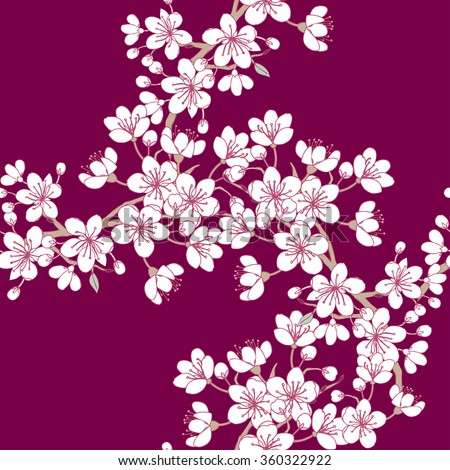 Seamless pattern with sakura. Hand drawn spring blossom trees. Vector illustration with cherry blossoms.