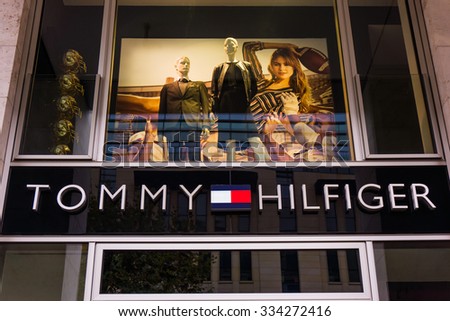 FRANKFURT, GERMANY - October 24,2015:Detail of the entrance to a Tommy Hilfiger store.Tommy Hilfiger is an American fashion,apparel,design,fragrance retail company, offering consumers low end products