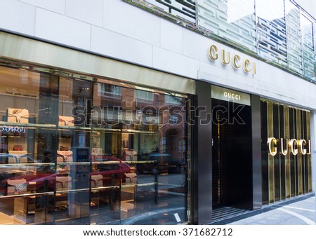 FRANKFURT, GERMANY - OKTOBER 24, 2015: Gucci signage at store entrance. Gucci is an Italian fashion label owned by French company PPR. Gucci was founded by Guccio Gucci in Florence in 1921