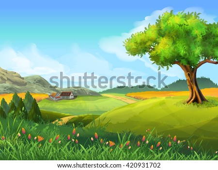 Rural landscape, nature, summer, vector background