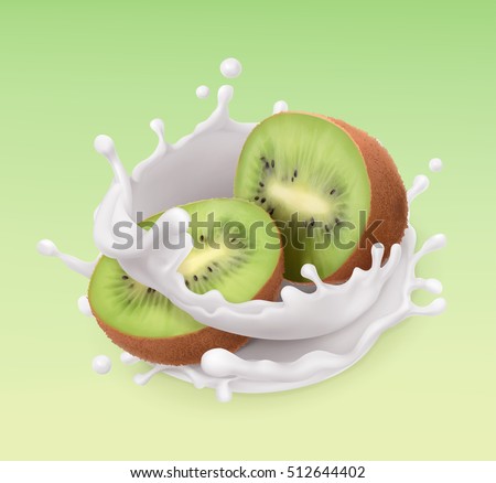 Kiwi fruit and milk splash. Fruit and yogurt. Realistic illustration. 3d vector icon