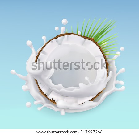 Coconut and milk splash. Fruit and yogurt. Realistic illustration. 3d vector icon
