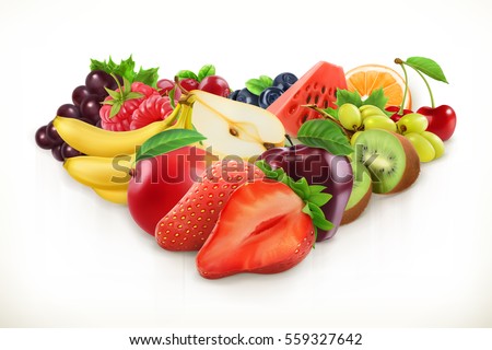 Strawberry and juicy fruits, vector illustration isolated on white