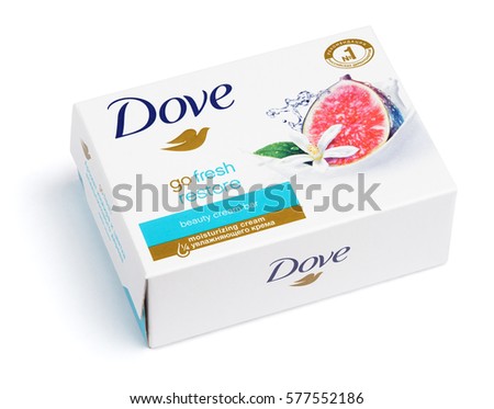 MOSCOW, RUSSIA - FEBRUARY 5, 2017: Dove Go fresh restore - beauty cream bar soap isolated on white background with clipping path. Dove is a brand owned by Unilever