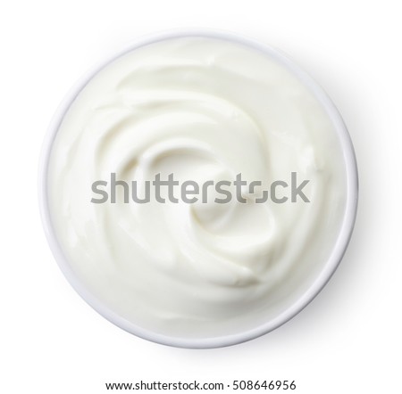 Bowl of greek yogurt isolated on white background from top view