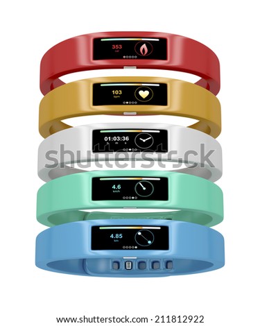 Five Fitness Trackers Different Interfaces Colors Stock Illustration