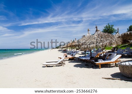 Sunbeds on the beach in Hoi An, Vietnam.