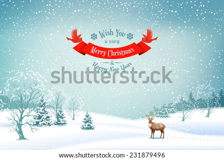 Winter Christmas Landscape Vector Background with snow covered hills, deer, ribbon banner