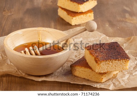Homemade Honey Cakes With Wooden Bowl Of Homemade Honey Cakes With Wooden Bowl Of