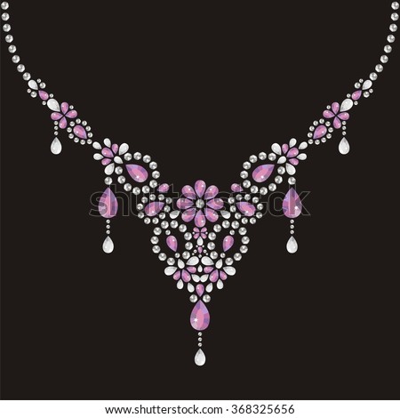 Necklace female embroidery with silver and pink precious stones, fashion print t-shirt shine from brilliant stones, gift for wedding, birthday. Glamor rich banner for jewelry store - stock vector