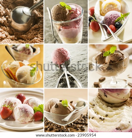 beautiful ice cream collage made from nine photographs - stock photo