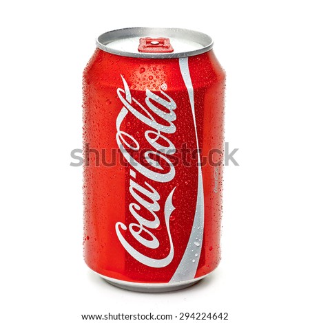 TURKEY - July 7, 2015: Classic Coca-Cola can with water drops on white background. Coca-Cola is one of the worlds favorite beverages.