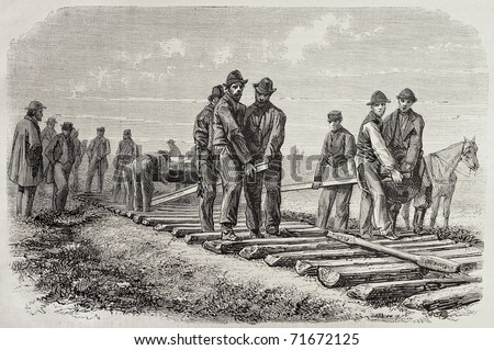 railroad union pacific workers illustration rails setting antique drawing universel 1968 paris published shutterstock vectors