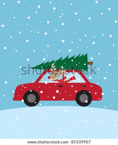 Vector illustration of a reindeer riding a car with christmas tree on the roof.