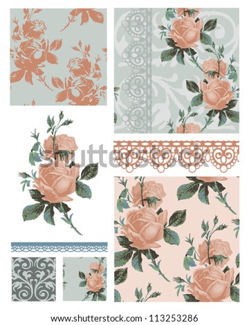 Vintage Style Floral Rose Seamless Vector Patterns. Use to create digital paper for craft projects or print onto textiles for stunning home accessories.