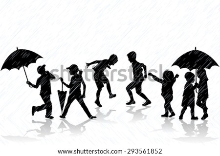 Children silhouettes enjoy the rain