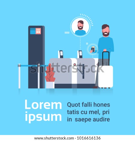 Man With Suitcase Checking In At Airport Passing Through Security Scanner For Registration Flat Vector Illustration