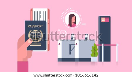 Business Hand Holding Passport And Tickets To Plane Over Check In Scanner At Airport Woman On Registration For Departure Concept Flat Vector Illustration