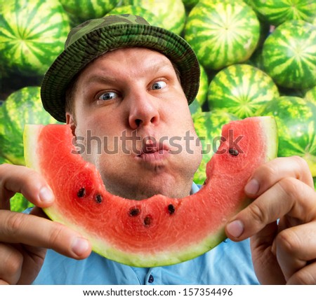 Funny Man Watermelon Helmet Googles Looks Stock Photo 157354478 ...