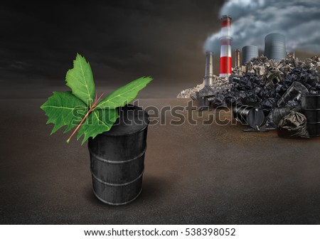 Pollution conservation hope environmental concept as a leaf shaped as a butterfly on an old dirty petroleum oil can with industrial urban pollution landscape with 3D illustration elements.